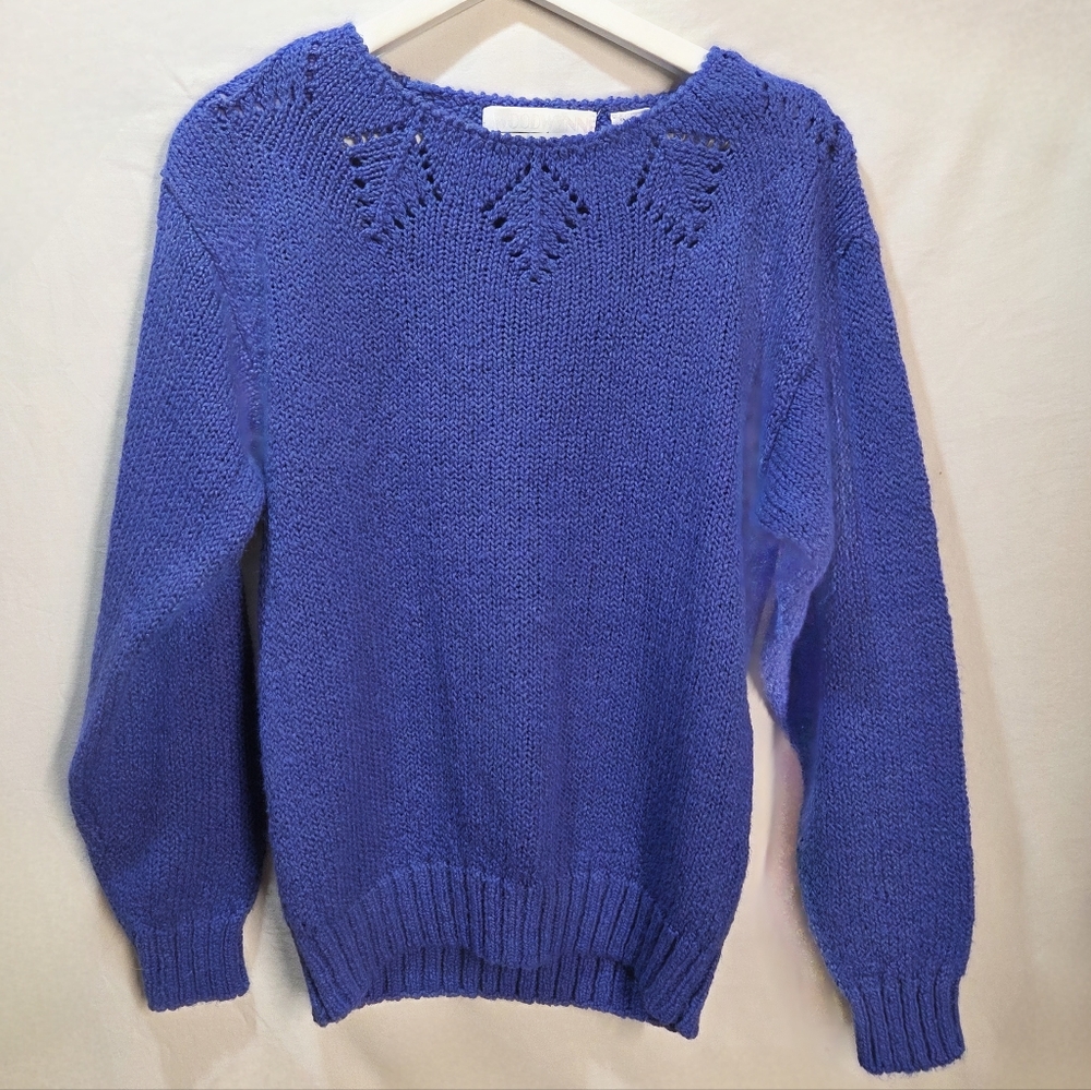 Woodwyn 90s Blue Knit Sweater With Pointelle Open Knit Vintage Size Sm